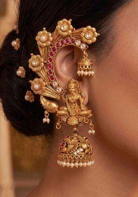 Gold-Plated Geometric Ear Cuff Earrings with Pearl for Women | Traditional Temple Jewellery for Wedding & Festive Wear | Gift for Her