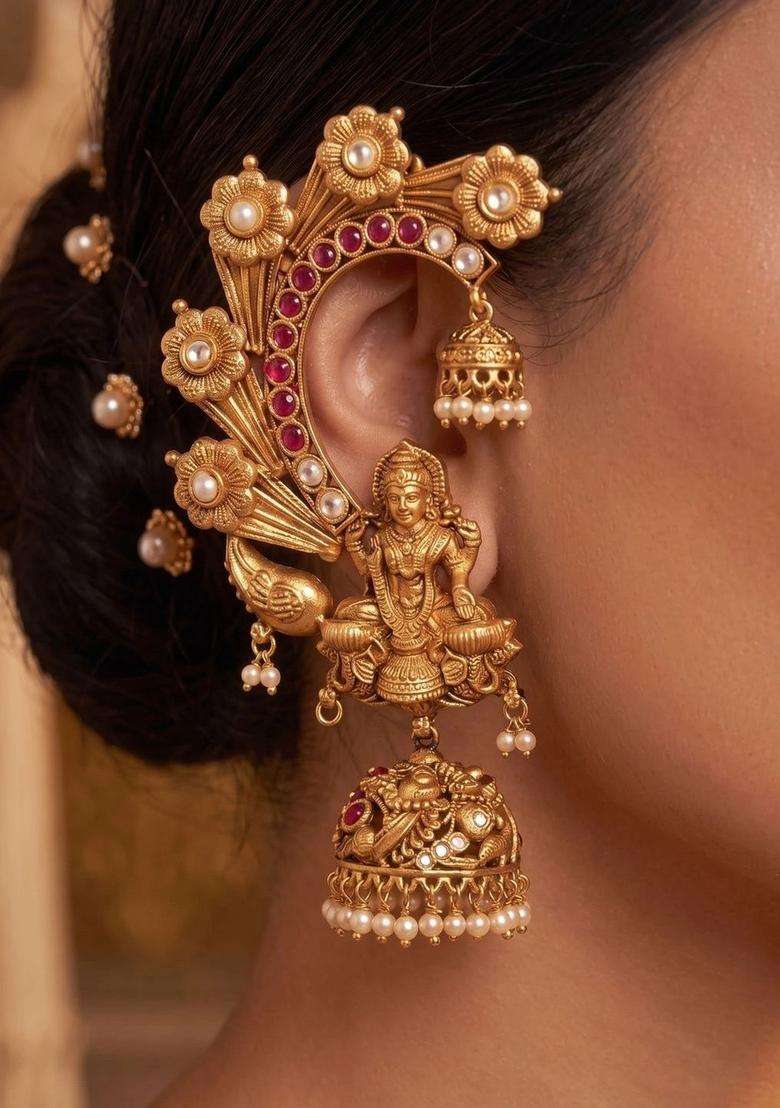 Gold-Plated Geometric Ear Cuff Earrings with Pearl for Women | Traditional Temple Jewellery for Wedding & Festive Wear | Gift for Her - Indya