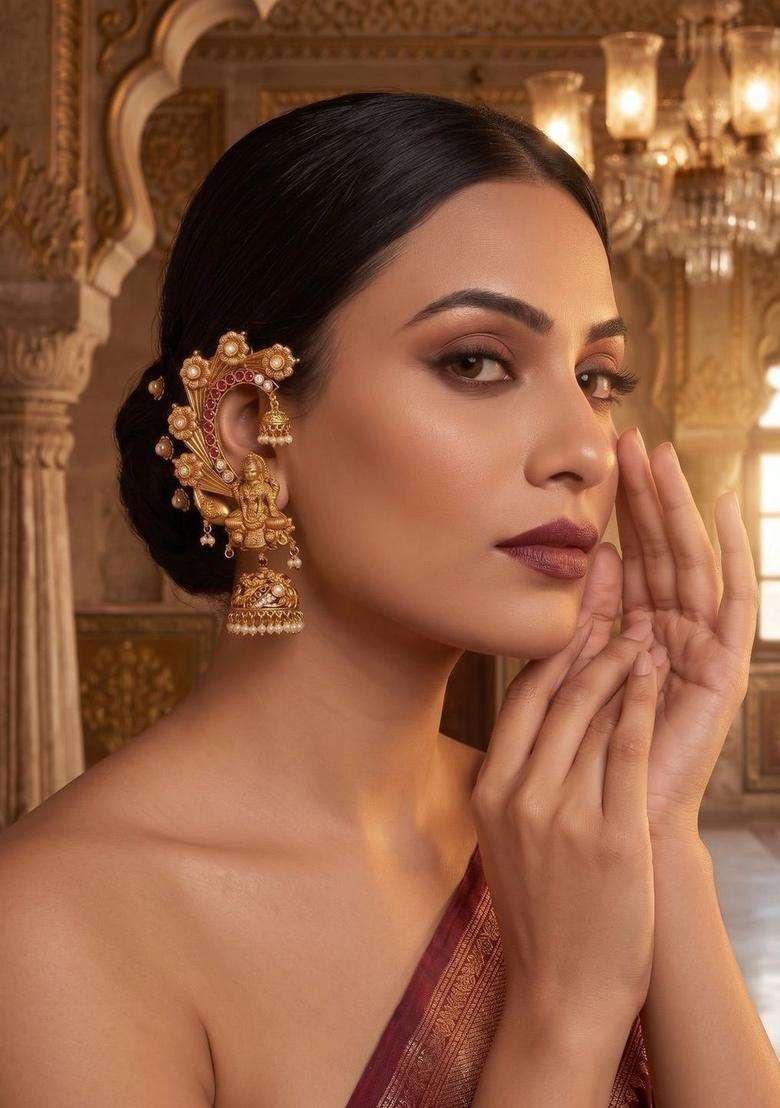 Gold-Plated Geometric Ear Cuff Earrings with Pearl for Women | Traditional Temple Jewellery for Wedding & Festive Wear | Gift for Her - Indya
