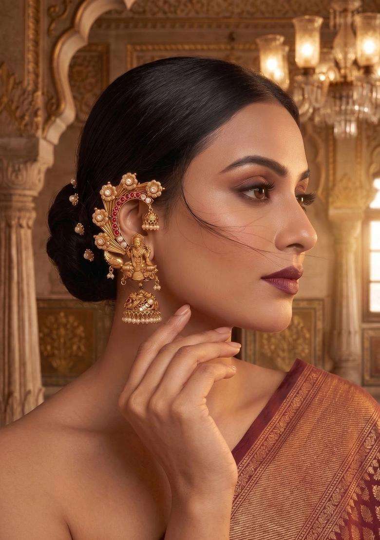 Gold-Plated Geometric Ear Cuff Earrings with Pearl for Women | Traditional Temple Jewellery for Wedding & Festive Wear | Gift for Her - Indya