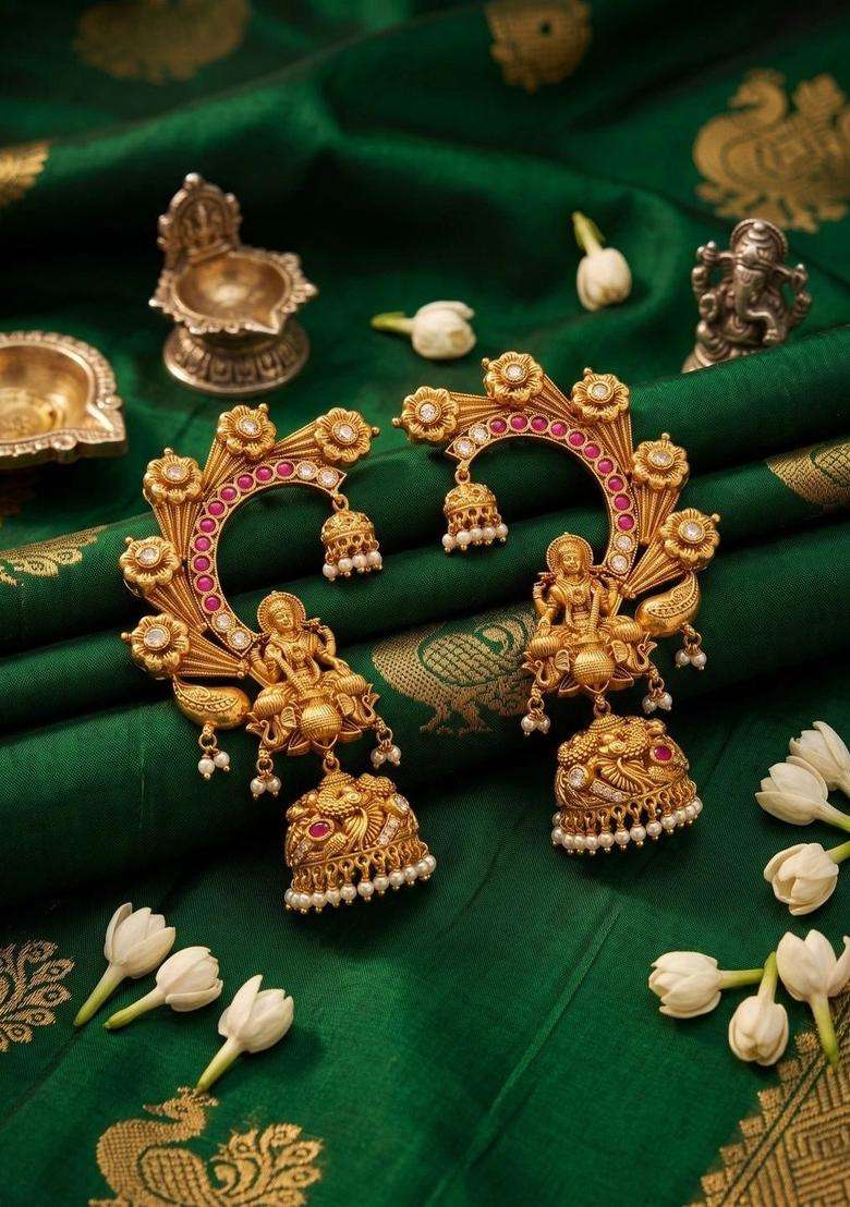 Gold-Plated Geometric Ear Cuff Earrings with Pearl for Women | Traditional Temple Jewellery for Wedding & Festive Wear | Gift for Her - Indya