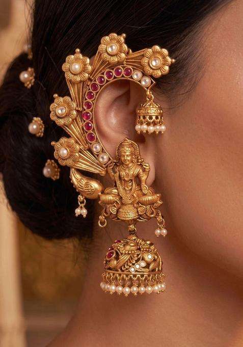 Gold-Plated Geometric Ear Cuff Earrings with Pearl for Women | Traditional Temple Jewellery for Wedding & Festive Wear | Gift for Her