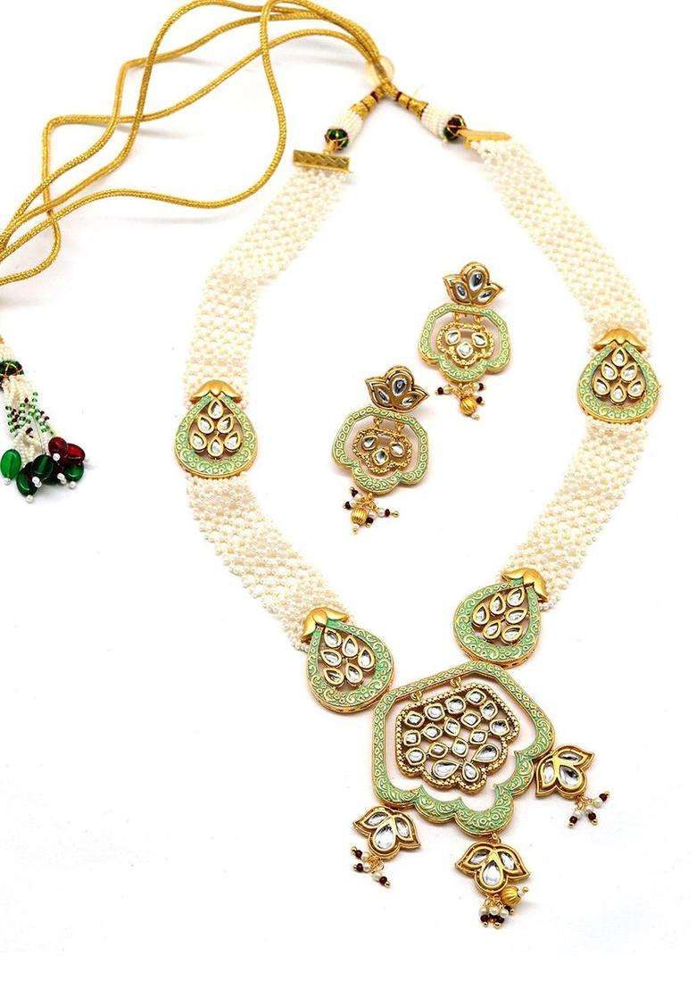 White Gold-Plated Kundan-Studded & Beaded Jewellery Set for Women | Traditional Temple Jewellery for Wedding & Festive Wear | Gift for Her - Indya