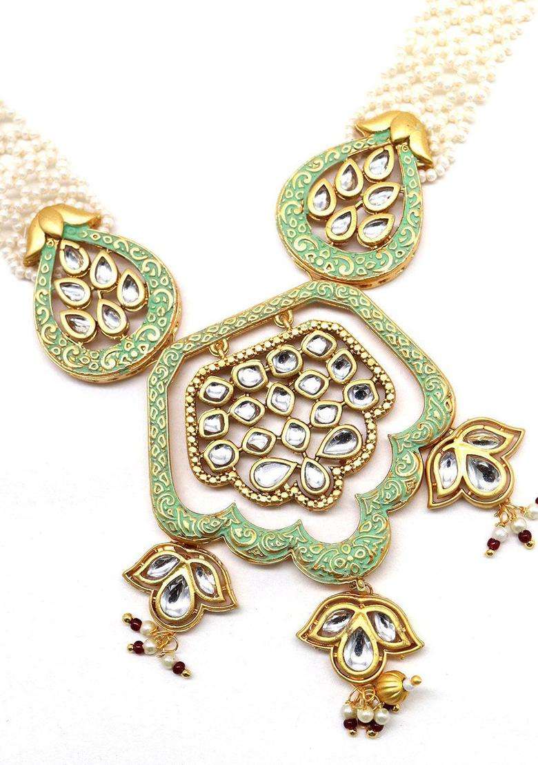 White Gold-Plated Kundan-Studded & Beaded Jewellery Set for Women | Traditional Temple Jewellery for Wedding & Festive Wear | Gift for Her - Indya
