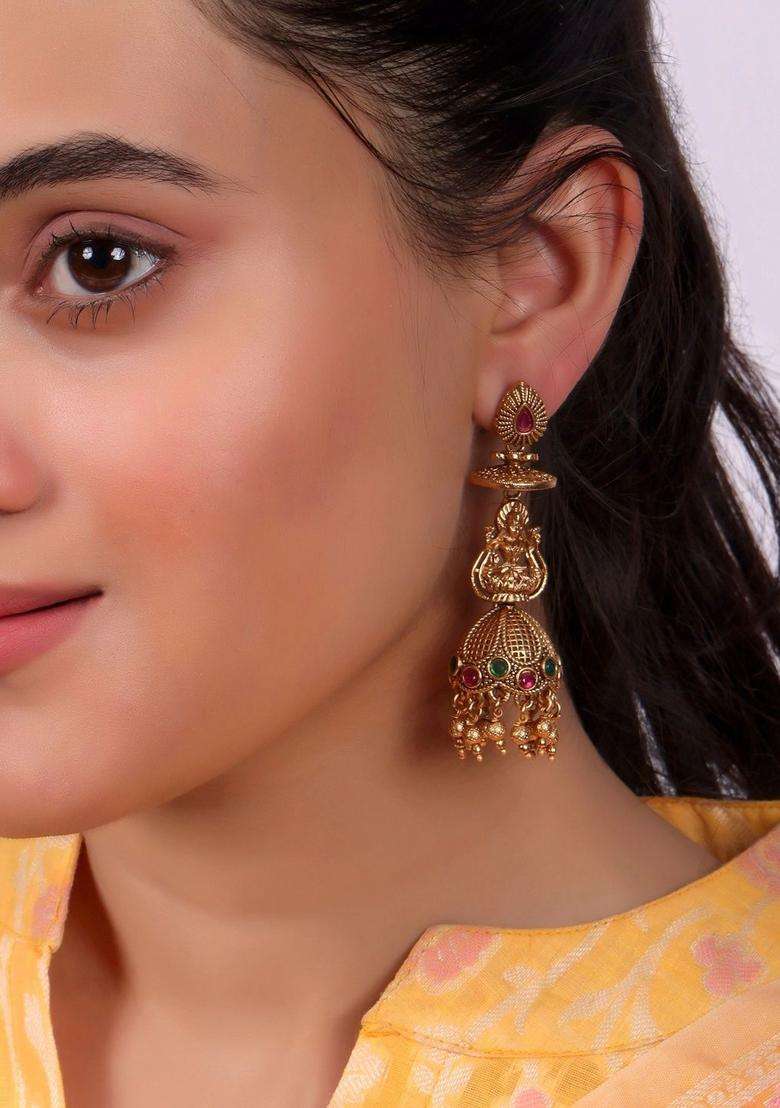 Gold-Plated Geometric Jhumkas Earrings for Women | Traditional Temple Jewellery for Wedding & Festive Wear | Gift for Her - Indya