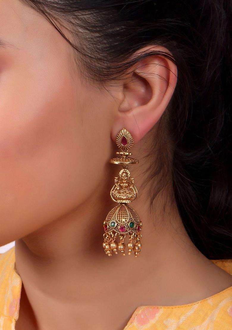Gold-Plated Geometric Jhumkas Earrings for Women | Traditional Temple Jewellery for Wedding & Festive Wear | Gift for Her - Indya