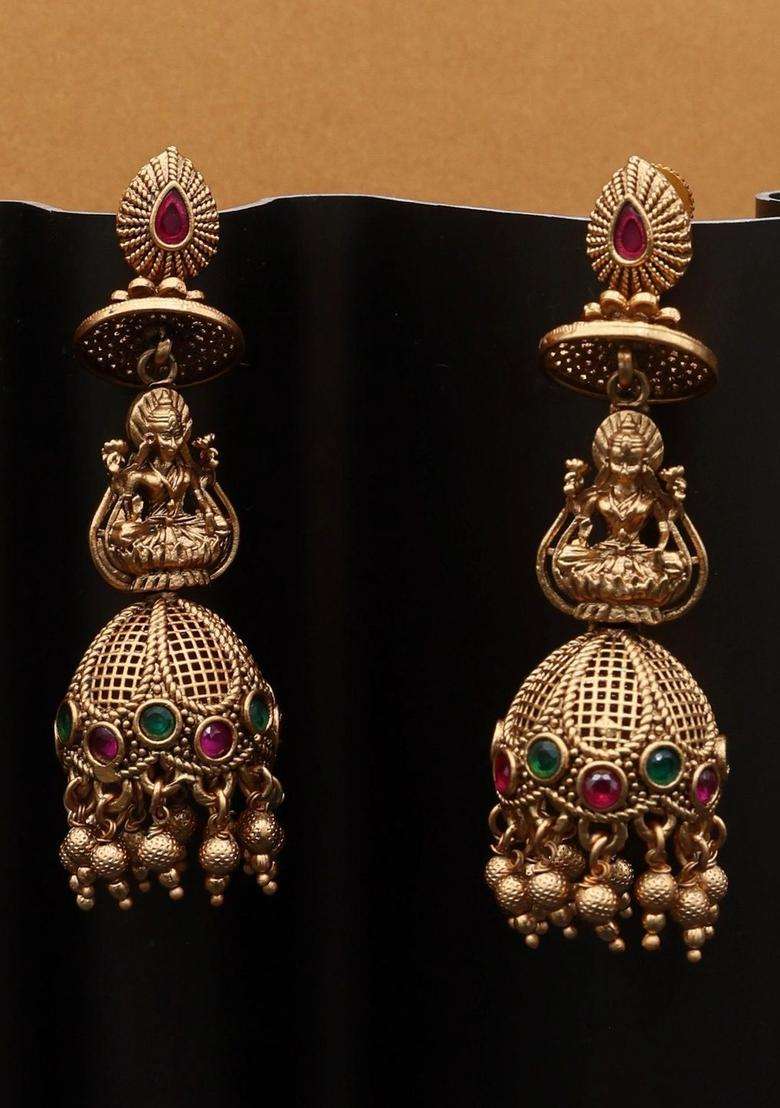 Gold-Plated Geometric Jhumkas Earrings for Women | Traditional Temple Jewellery for Wedding & Festive Wear | Gift for Her - Indya