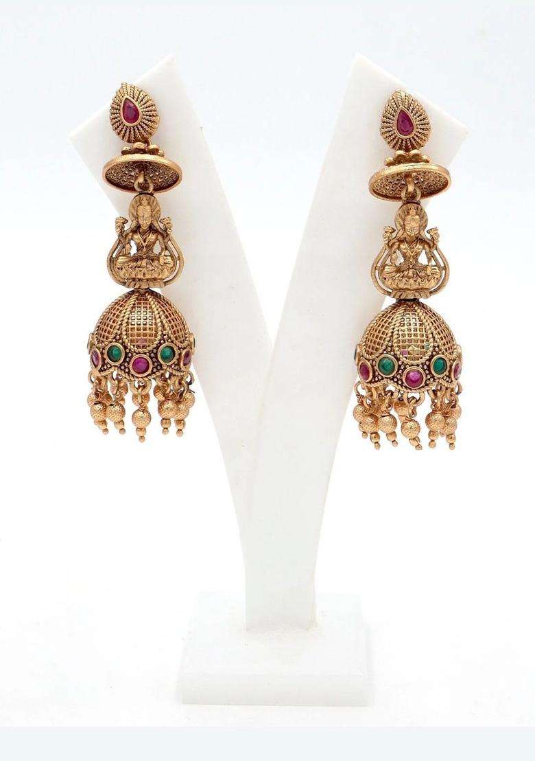 Gold-Plated Geometric Jhumkas Earrings for Women | Traditional Temple Jewellery for Wedding & Festive Wear | Gift for Her - Indya