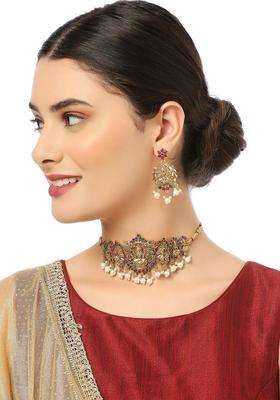 Gold-Plated Stone Studded & Beaded Laxmi & Peacock Choker Jewellery Set with Pearl for Women | Traditional Temple Jewellery for Wedding & Festive Wear | Gift for Her