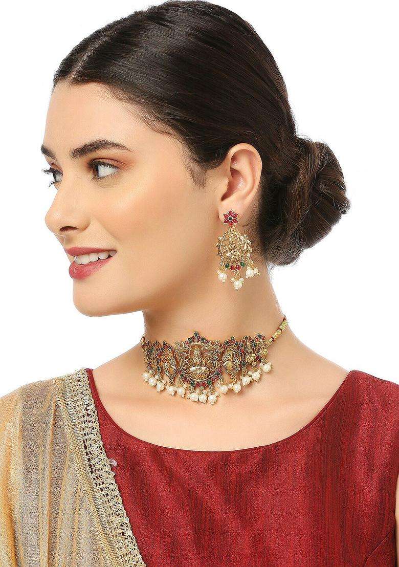 Gold-Plated Stone Studded & Beaded Laxmi & Peacock Choker Jewellery Set with Pearl for Women | Traditional Temple Jewellery for Wedding & Festive Wear | Gift for Her - Indya