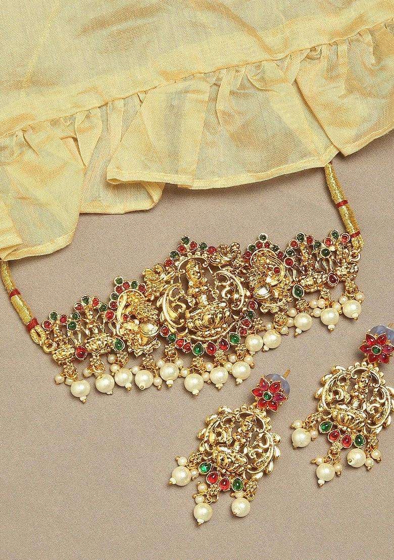 Gold-Plated Stone Studded & Beaded Laxmi & Peacock Choker Jewellery Set with Pearl for Women | Traditional Temple Jewellery for Wedding & Festive Wear | Gift for Her - Indya