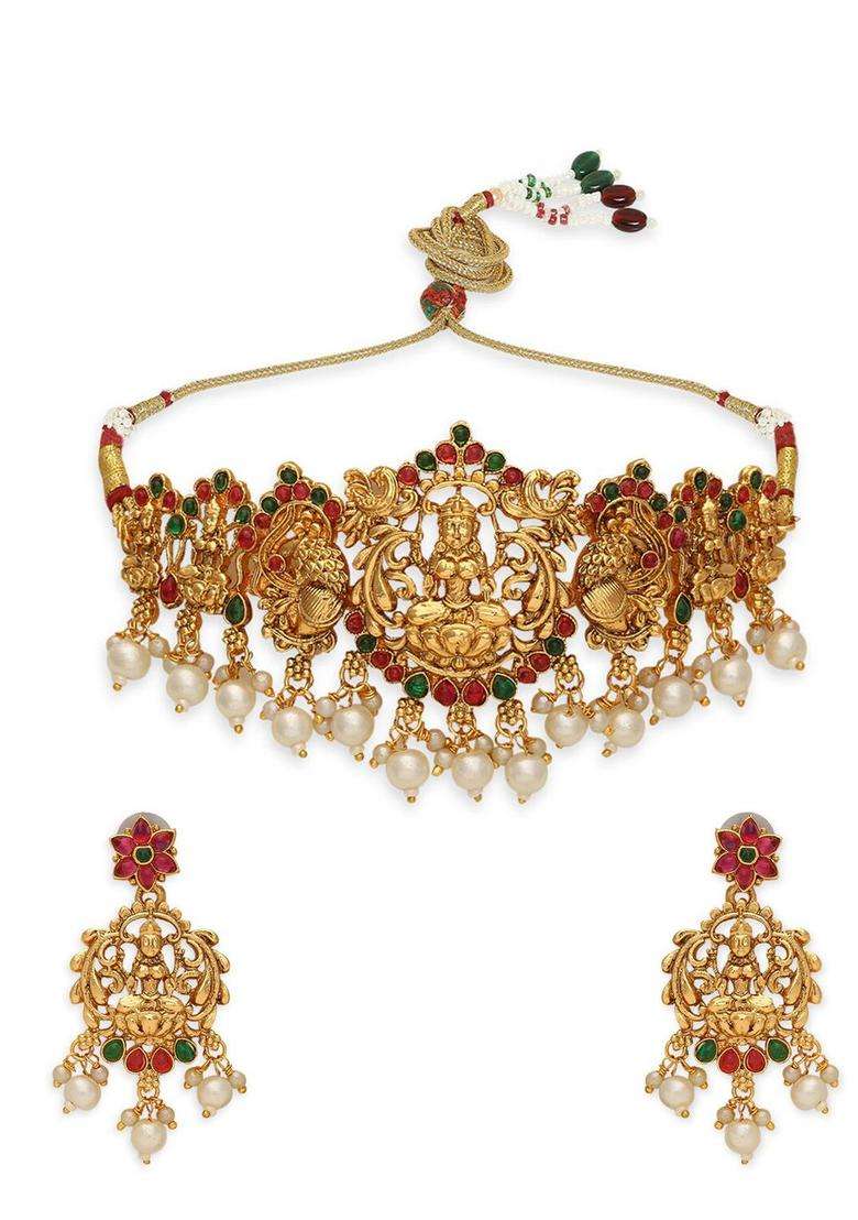 Gold-Plated Stone Studded & Beaded Laxmi & Peacock Choker Jewellery Set with Pearl for Women | Traditional Temple Jewellery for Wedding & Festive Wear | Gift for Her - Indya