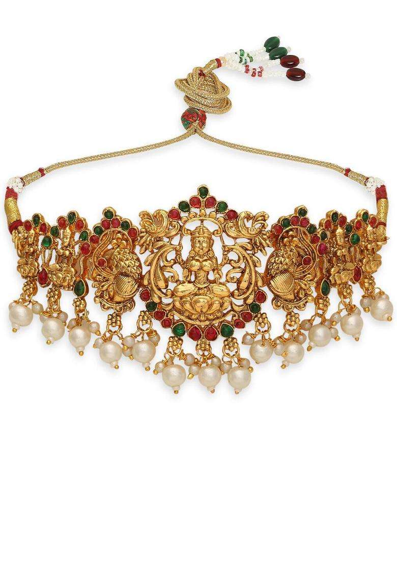 Gold-Plated Stone Studded & Beaded Laxmi & Peacock Choker Jewellery Set with Pearl for Women | Traditional Temple Jewellery for Wedding & Festive Wear | Gift for Her - Indya
