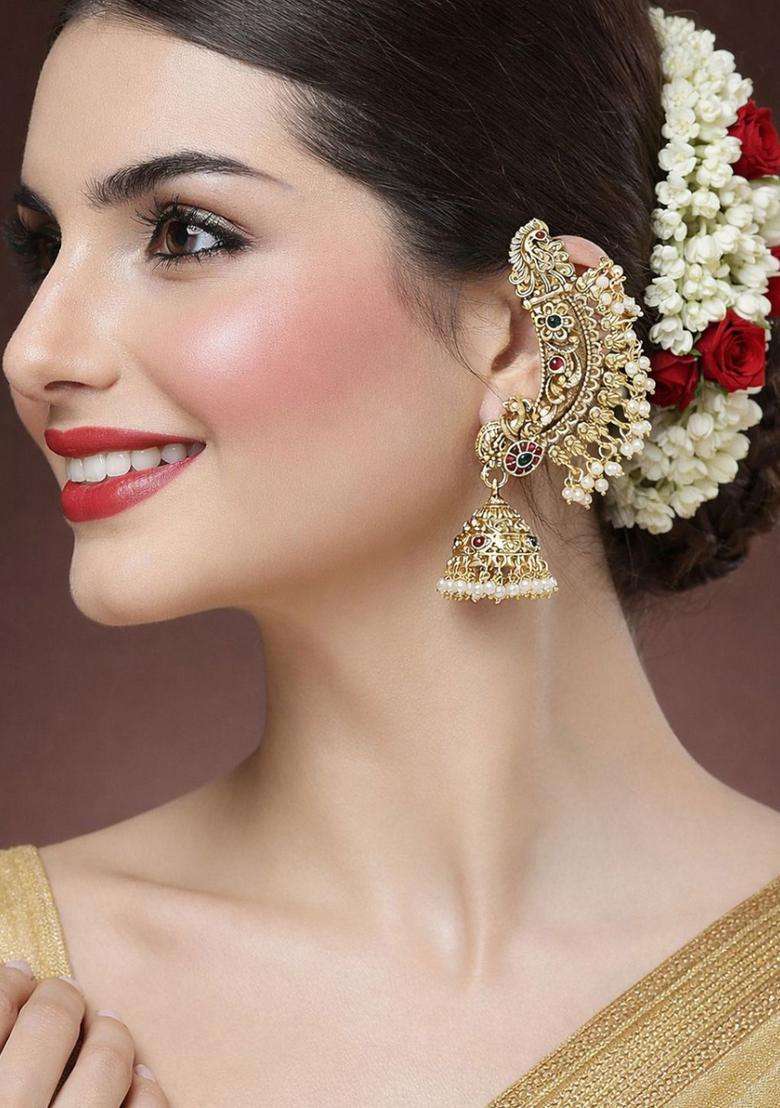 Peacock Shaped Ear Cuff Earrings for Women | Traditional Temple Jewellery for Wedding & Festive Wear | Gift for Her - Indya