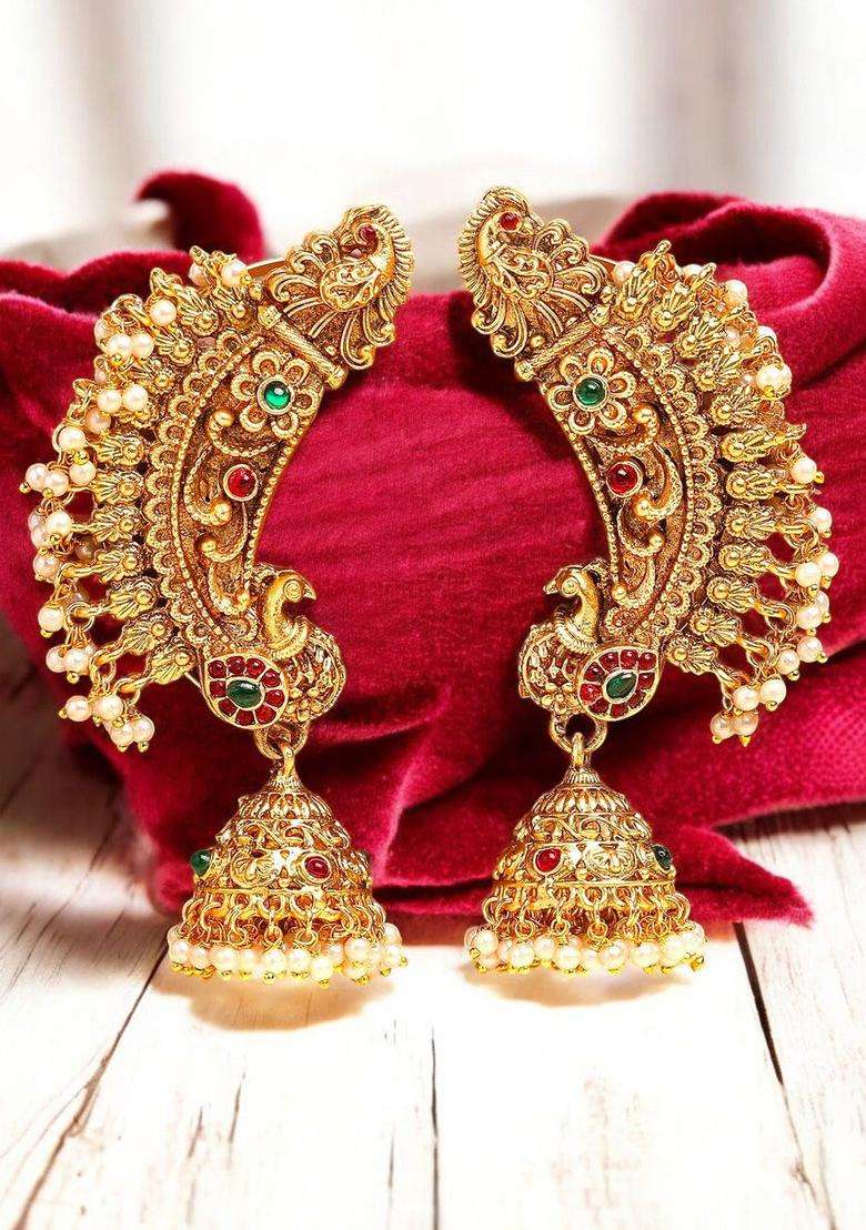 Peacock Shaped Ear Cuff Earrings for Women | Traditional Temple Jewellery for Wedding & Festive Wear | Gift for Her - Indya