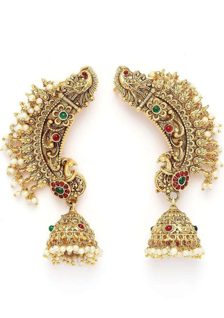 Peacock Shaped Ear Cuff Earrings for Women | Traditional Temple Jewellery for Wedding & Festive Wear | Gift for Her - Indya