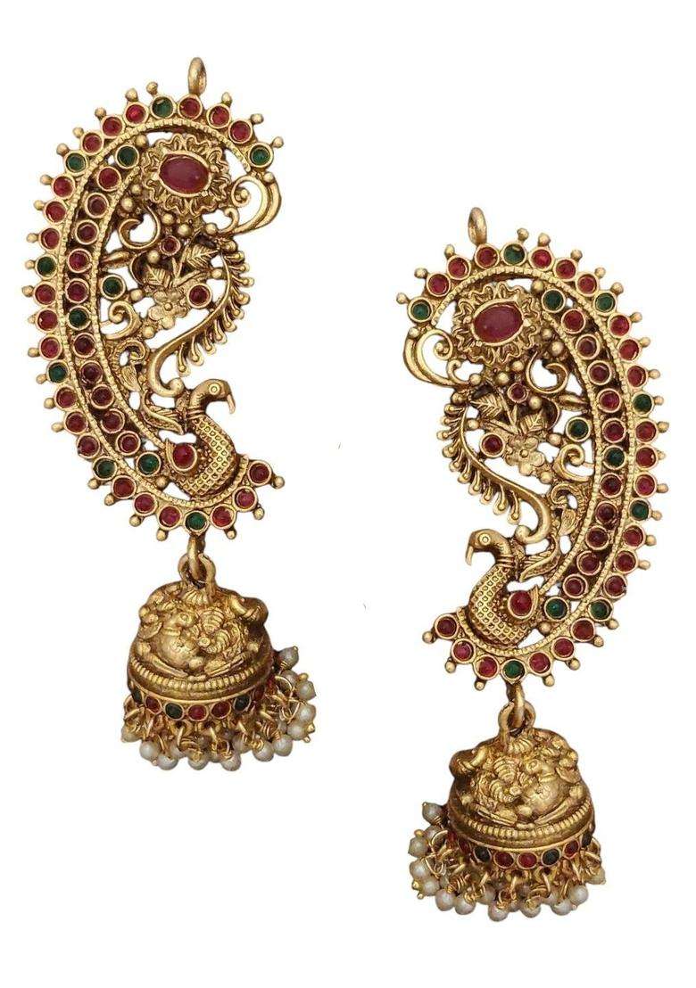 Peacock Shaped Ear Cuff Earrings for Women | Traditional Temple Jewellery for Wedding & Festive Wear | Gift for Her - Indya