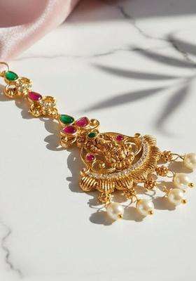 Gold-Plated American Diamond Studded Maang Tikka Head Jewellery for Women | Traditional Temple Jewellery for Wedding & Festive Wear | Gift for Her