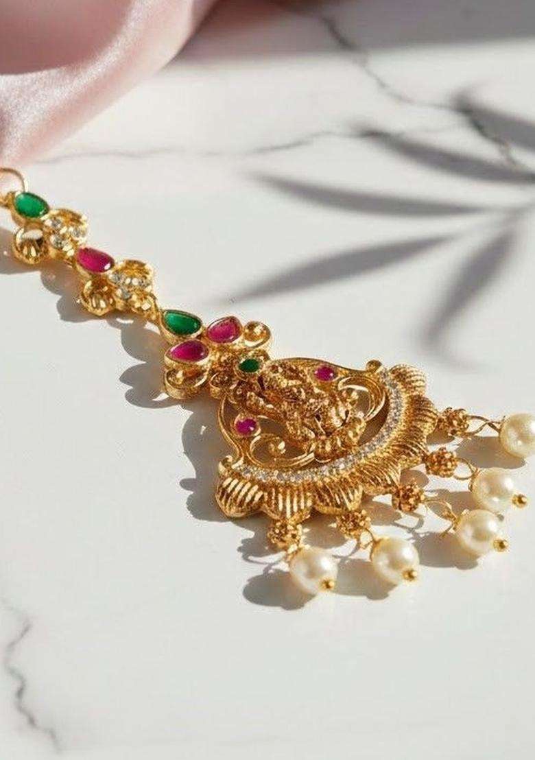 Gold-Plated American Diamond Studded Maang Tikka Head Jewellery for Women | Traditional Temple Jewellery for Wedding & Festive Wear | Gift for Her - Indya