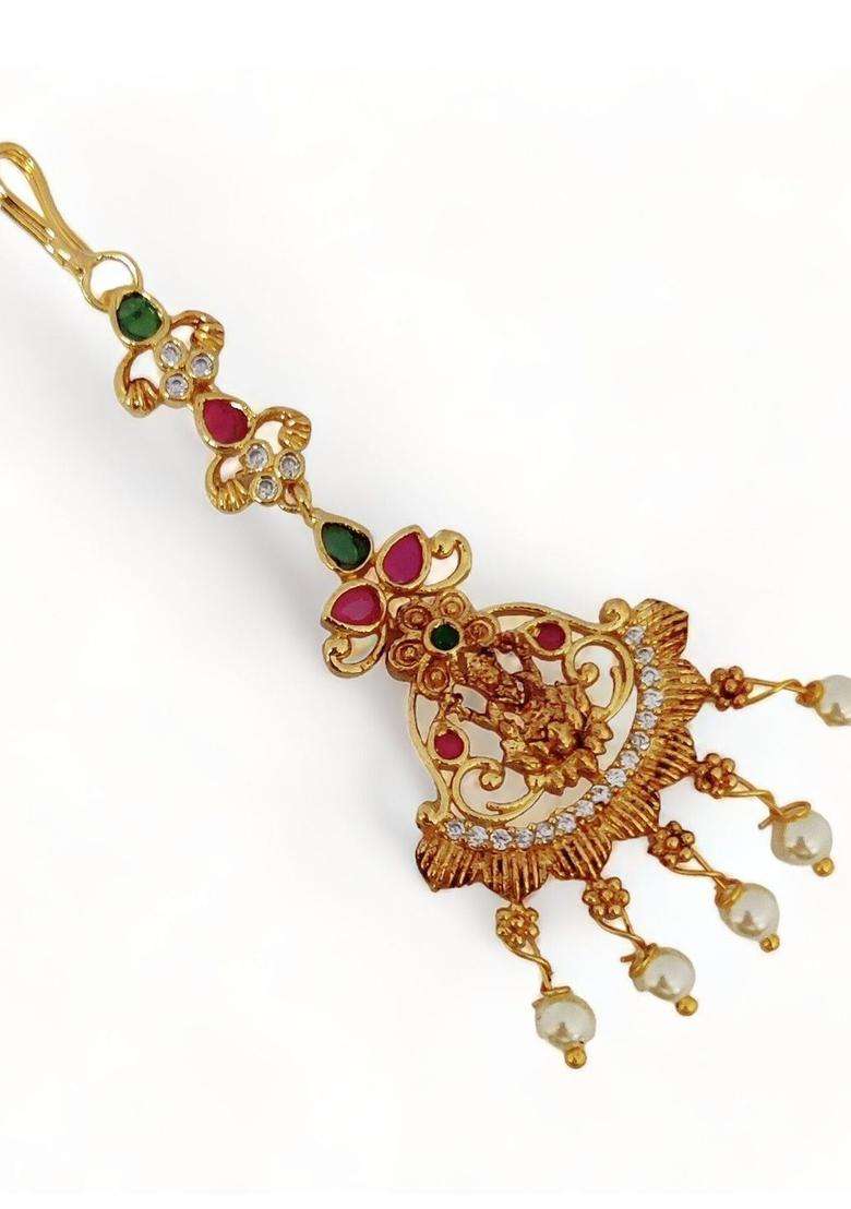Gold-Plated American Diamond Studded Maang Tikka Head Jewellery for Women | Traditional Temple Jewellery for Wedding & Festive Wear | Gift for Her - Indya