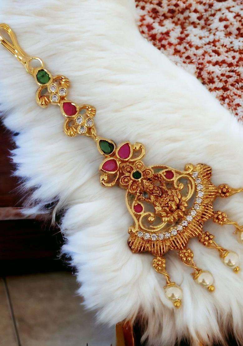 Gold-Plated American Diamond Studded Maang Tikka Head Jewellery for Women | Traditional Temple Jewellery for Wedding & Festive Wear | Gift for Her - Indya