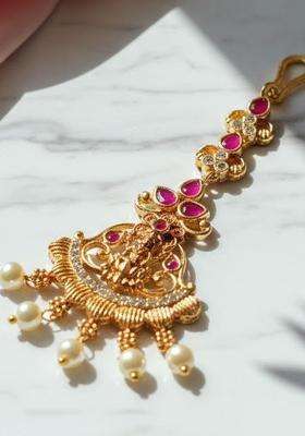 Gold-Plated American Diamond Studded Maang Tikka Head Jewellery for Women | Traditional Temple Jewellery for Wedding & Festive Wear | Gift for Her