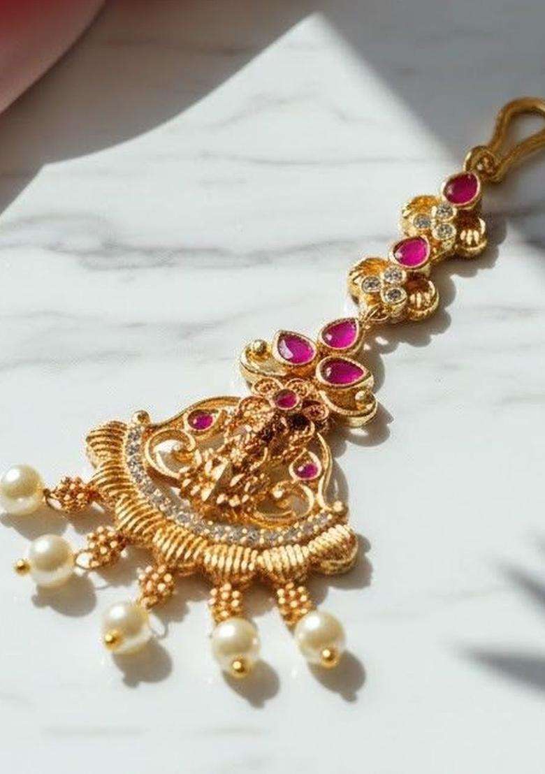 Gold-Plated American Diamond Studded Maang Tikka Head Jewellery for Women | Traditional Temple Jewellery for Wedding & Festive Wear | Gift for Her - Indya