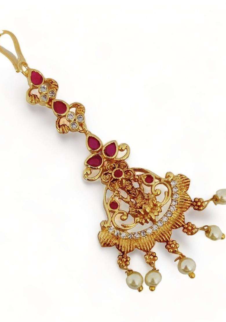 Gold-Plated American Diamond Studded Maang Tikka Head Jewellery for Women | Traditional Temple Jewellery for Wedding & Festive Wear | Gift for Her - Indya