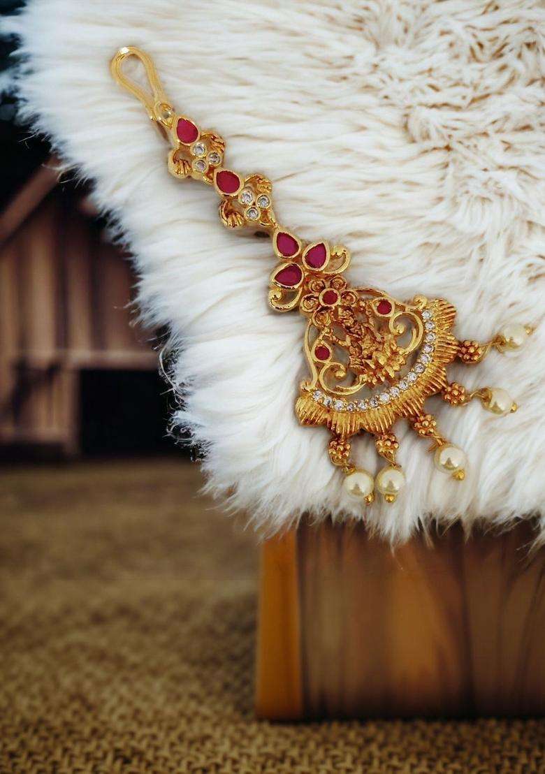 Gold-Plated American Diamond Studded Maang Tikka Head Jewellery for Women | Traditional Temple Jewellery for Wedding & Festive Wear | Gift for Her - Indya