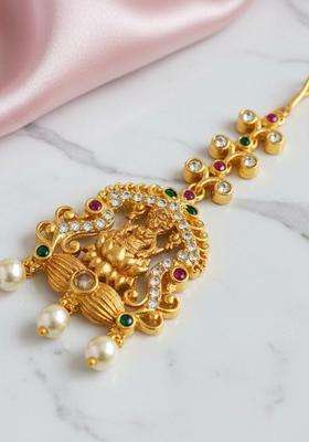 Gold-Plated American Diamond Studded Maang Tikka Head Jewellery for Women | Traditional Temple Jewellery for Wedding & Festive Wear | Gift for Her