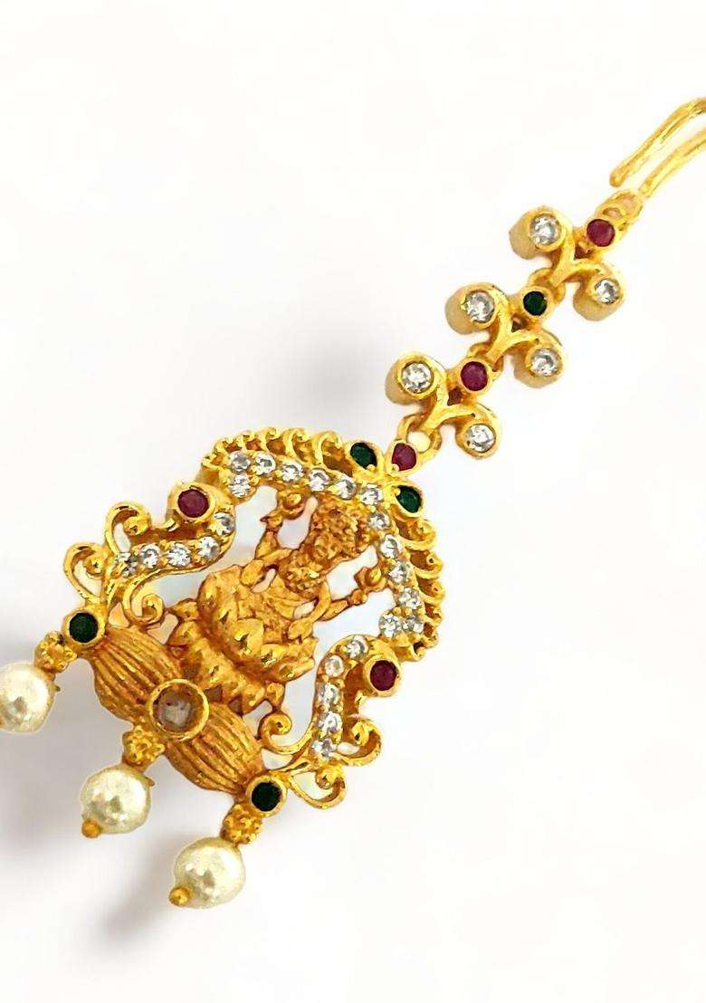 Gold-Plated American Diamond Studded Maang Tikka Head Jewellery for Women | Traditional Temple Jewellery for Wedding & Festive Wear | Gift for Her - Indya