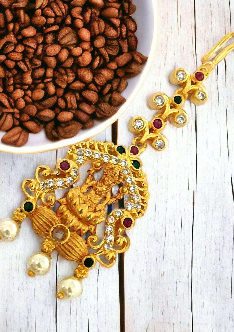 Gold-Plated American Diamond Studded Maang Tikka Head Jewellery for Women | Traditional Temple Jewellery for Wedding & Festive Wear | Gift for Her - Indya