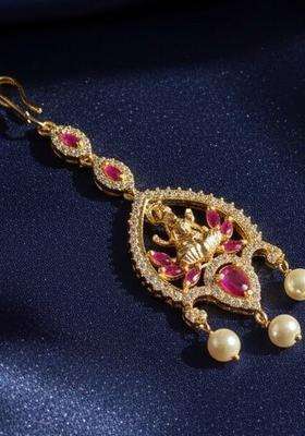 Gold-Plated American Diamond Studded Maang Tikka Head Jewellery for Women | Traditional Temple Jewellery for Wedding & Festive Wear | Gift for Her