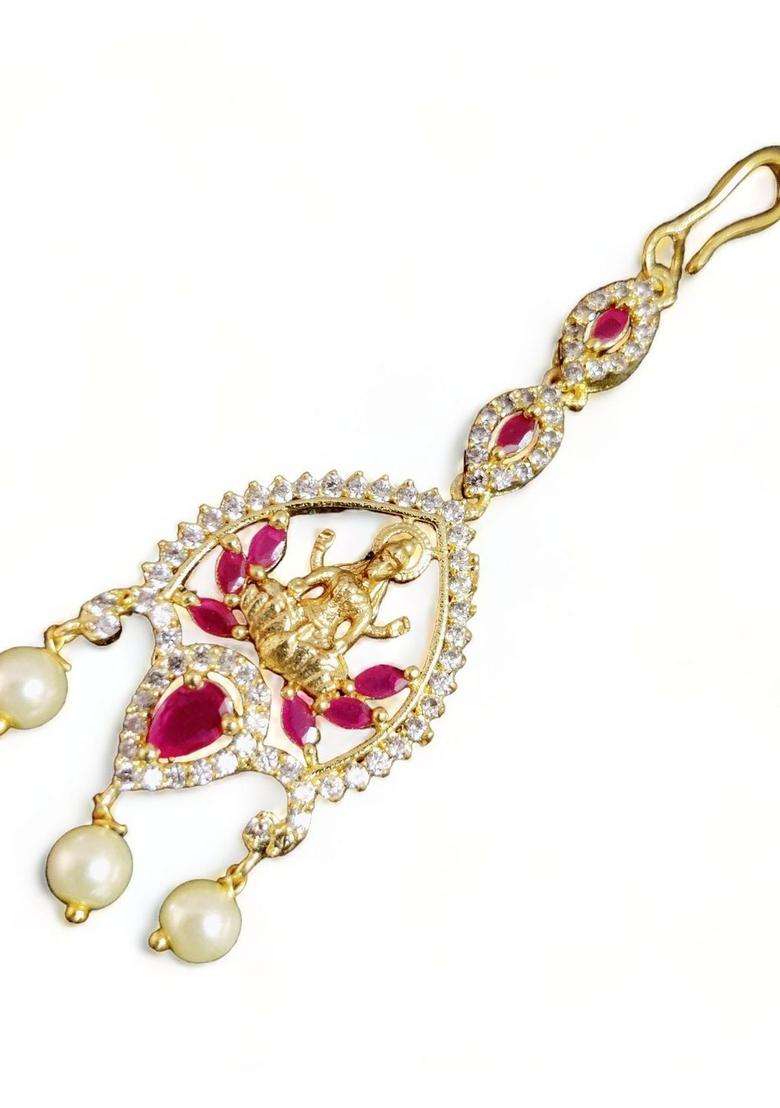 Gold-Plated American Diamond Studded Maang Tikka Head Jewellery for Women | Traditional Temple Jewellery for Wedding & Festive Wear | Gift for Her - Indya