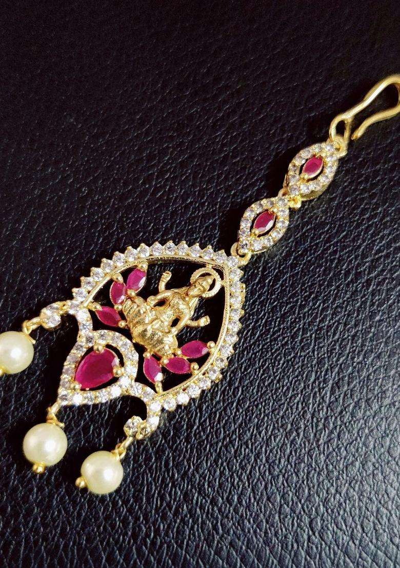 Gold-Plated American Diamond Studded Maang Tikka Head Jewellery for Women | Traditional Temple Jewellery for Wedding & Festive Wear | Gift for Her - Indya