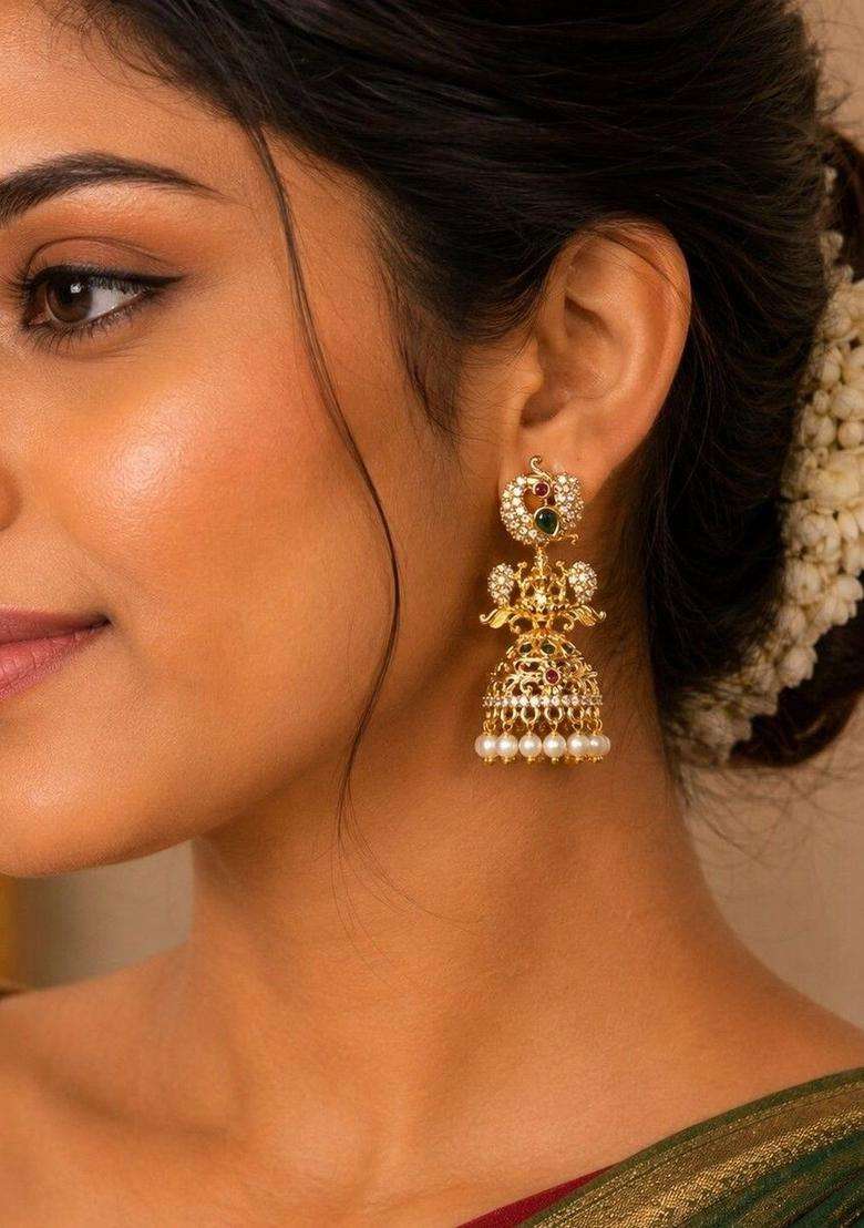 Gold-Plated Peacock Shaped Jhumkas Earrings with CZ Stone for Women | Traditional Temple Jewellery for Wedding & Festive Wear | Gift for Her - Indya