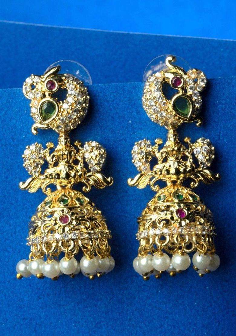 Gold-Plated Peacock Shaped Jhumkas Earrings with CZ Stone for Women | Traditional Temple Jewellery for Wedding & Festive Wear | Gift for Her - Indya