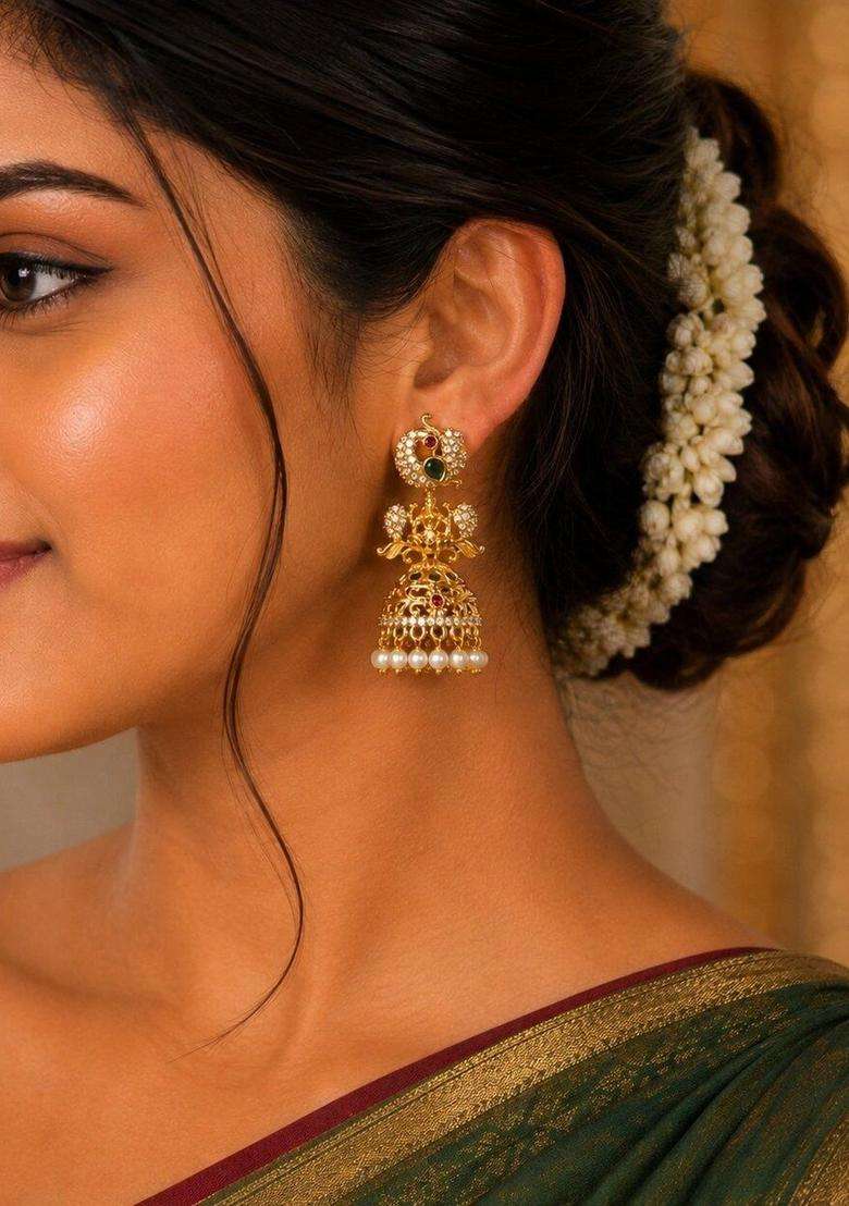 Gold-Plated Peacock Shaped Jhumkas Earrings with CZ Stone for Women | Traditional Temple Jewellery for Wedding & Festive Wear | Gift for Her - Indya