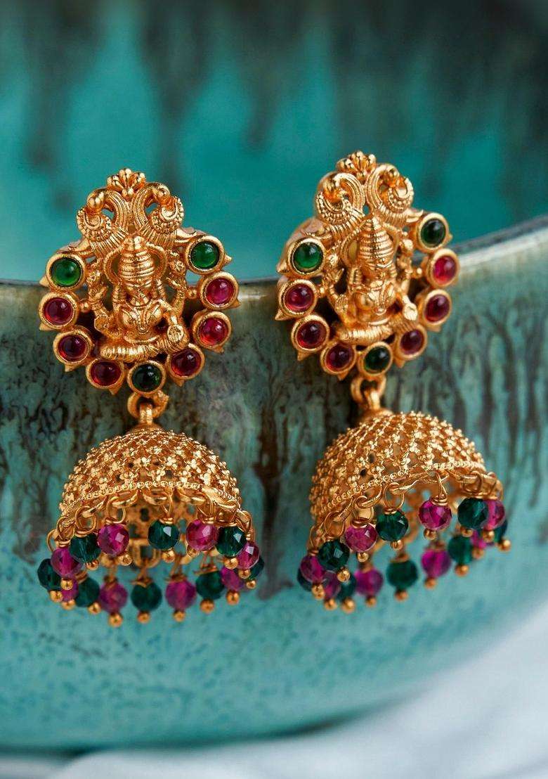 Gold-Plated Dome Shaped Jhumkas Earrings with CZ Stone for Women | Traditional Temple Jewellery for Wedding & Festive Wear | Gift for Her - Indya