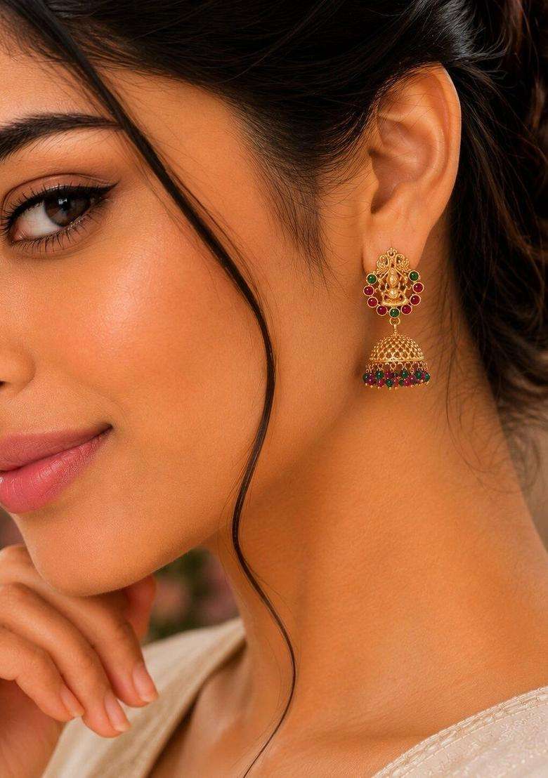 Gold-Plated Dome Shaped Jhumkas Earrings with CZ Stone for Women | Traditional Temple Jewellery for Wedding & Festive Wear | Gift for Her - Indya