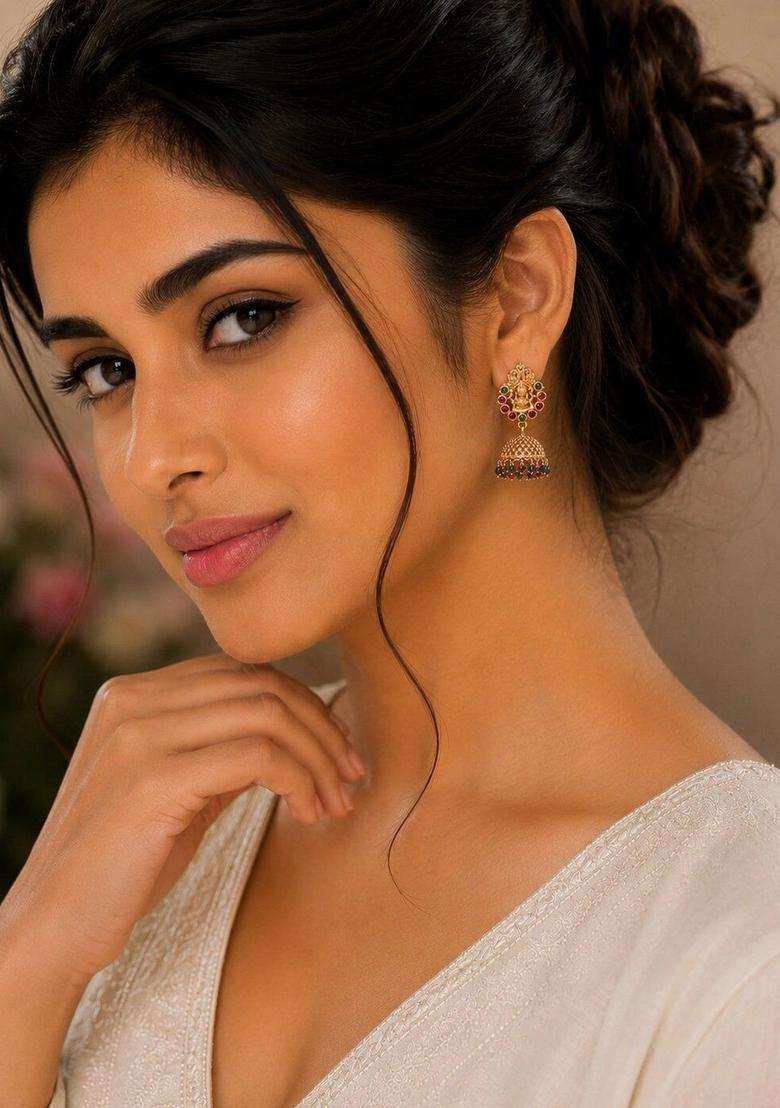 Gold-Plated Dome Shaped Jhumkas Earrings with CZ Stone for Women | Traditional Temple Jewellery for Wedding & Festive Wear | Gift for Her - Indya
