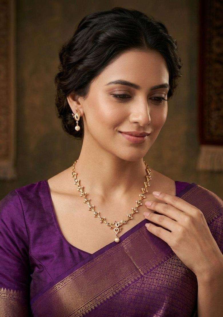 Brass Gold-Plated Temple Necklace with CZ Stone for Women | Traditional Temple Jewellery for Wedding & Festive Wear | Gift for Her - Indya