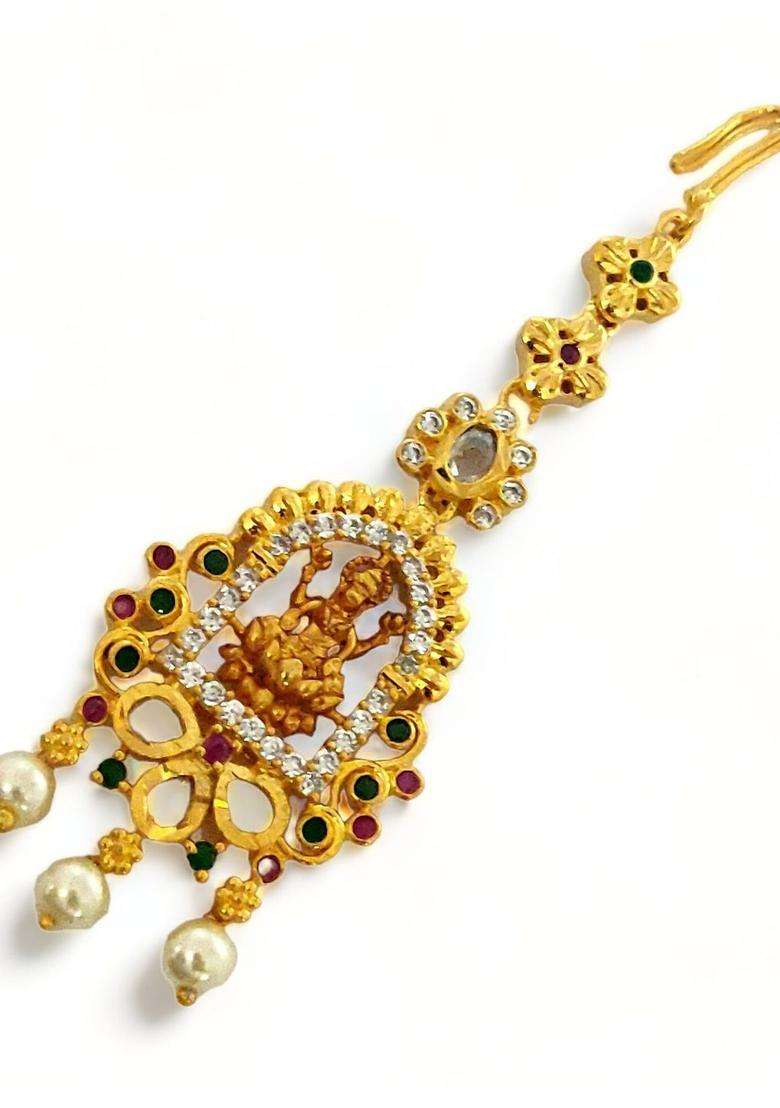 Gold-Plated American Diamond Studded Maang Tikka Head Jewellery for Women | Traditional Temple Jewellery for Wedding & Festive Wear | Gift for Her - Indya