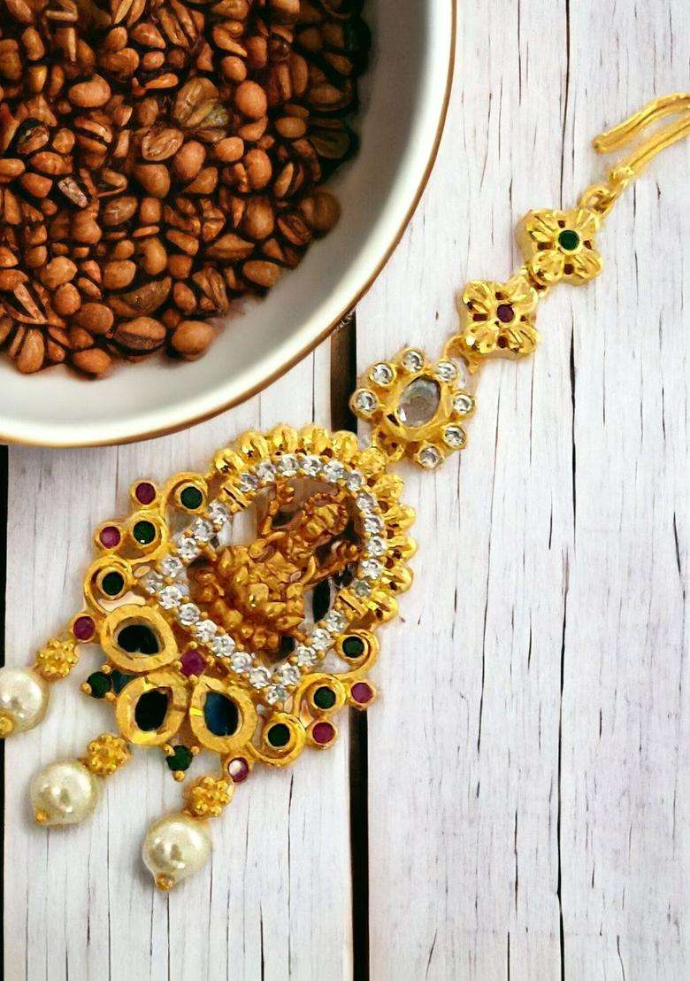 Gold-Plated American Diamond Studded Maang Tikka Head Jewellery for Women | Traditional Temple Jewellery for Wedding & Festive Wear | Gift for Her - Indya