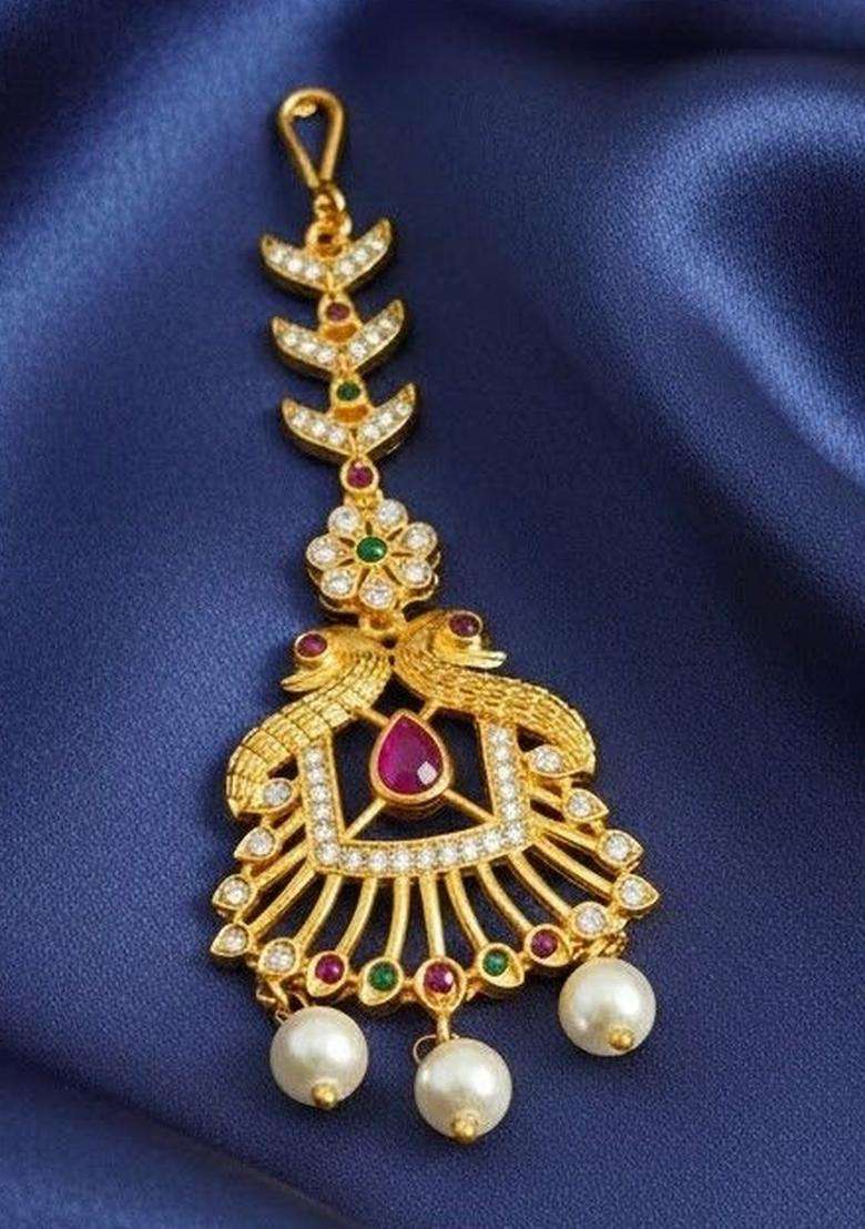 Gold-Plated American Diamond Studded Maang Tikka Head Jewellery for Women | Traditional Temple Jewellery for Wedding & Festive Wear | Gift for Her - Indya