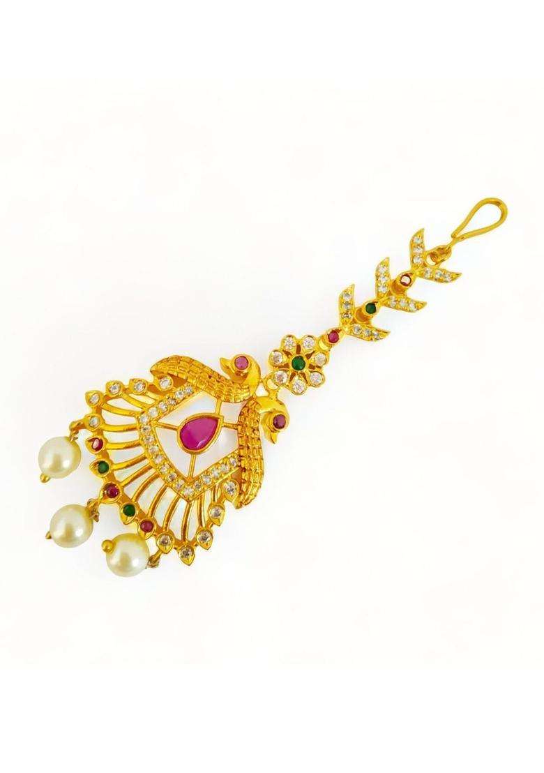 Gold-Plated American Diamond Studded Maang Tikka Head Jewellery for Women | Traditional Temple Jewellery for Wedding & Festive Wear | Gift for Her - Indya