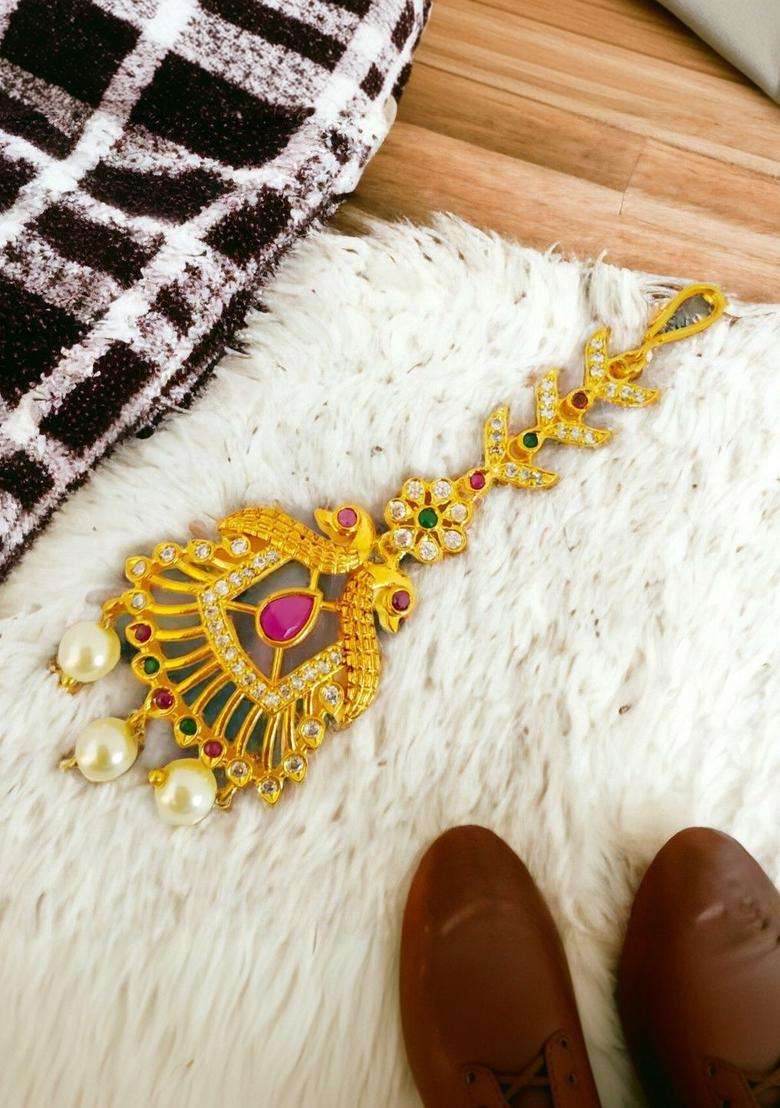 Gold-Plated American Diamond Studded Maang Tikka Head Jewellery for Women | Traditional Temple Jewellery for Wedding & Festive Wear | Gift for Her - Indya