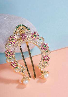 Gold-Plated American Diamond Studded Bun Pin Head Jewellery for Women | Traditional Temple Jewellery for Wedding & Festive Wear | Gift for Her