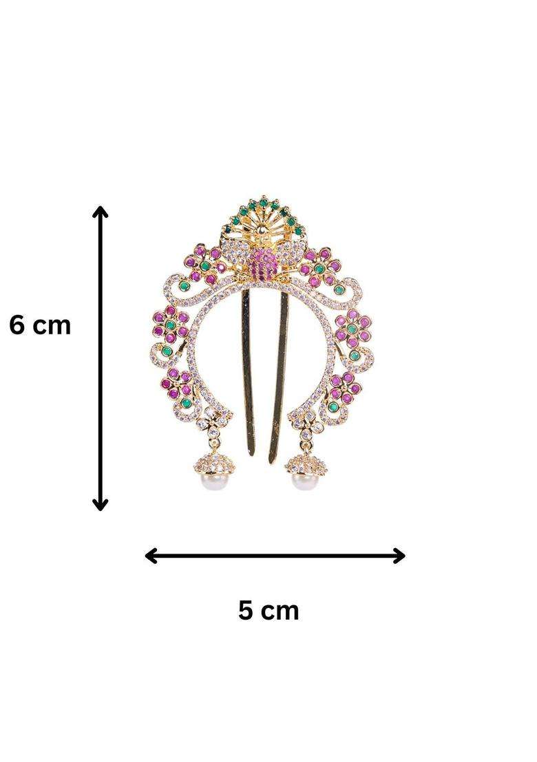 Gold-Plated American Diamond Studded Bun Pin Head Jewellery for Women | Traditional Temple Jewellery for Wedding & Festive Wear | Gift for Her - Indya
