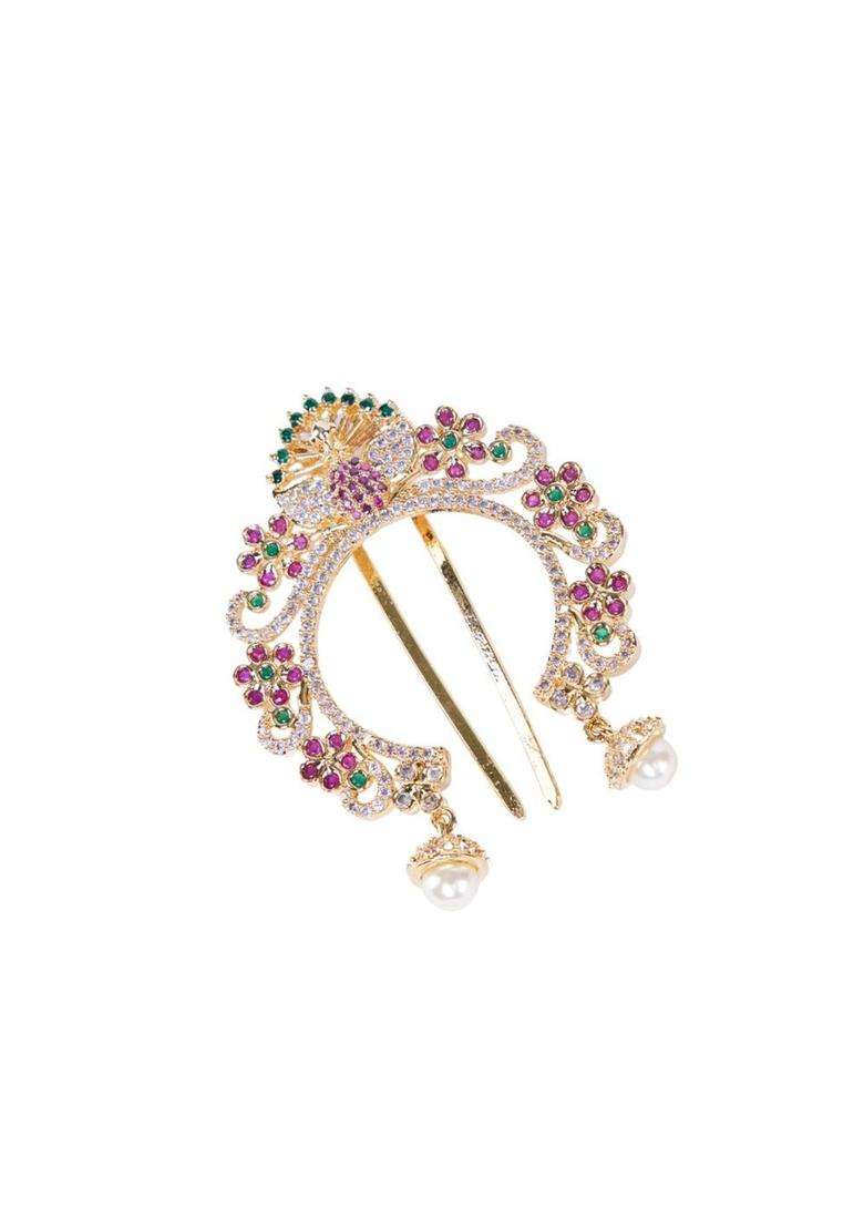 Gold-Plated American Diamond Studded Bun Pin Head Jewellery for Women | Traditional Temple Jewellery for Wedding & Festive Wear | Gift for Her - Indya